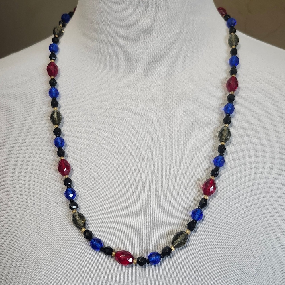 Beaded Necklace Red Blue Black Gold Faceted Costume Jewelry‎